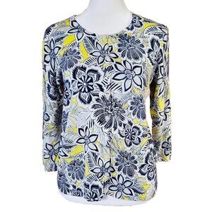 Talbots Button Up Cardigan Sweater Women's Sz LP Navy Yellow Floral Cotton Blend